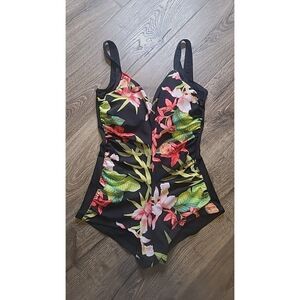 Vintage Gabar Womens One Piece Swimsuit Floral Ruched Front Size 14